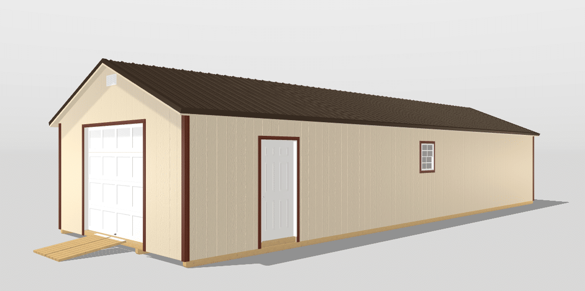 3D rendered image of one of our beige 16x48  sheds - beige painted siding with white overhead and side doors beneath brown roof
